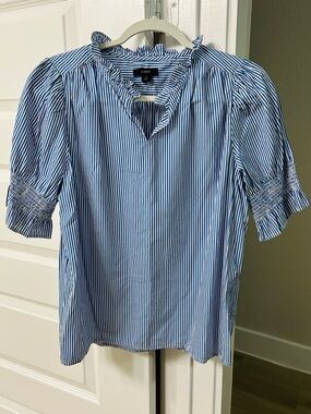 J. Crew SML Blue & White Pinstripe Ruffled Collar Blouse